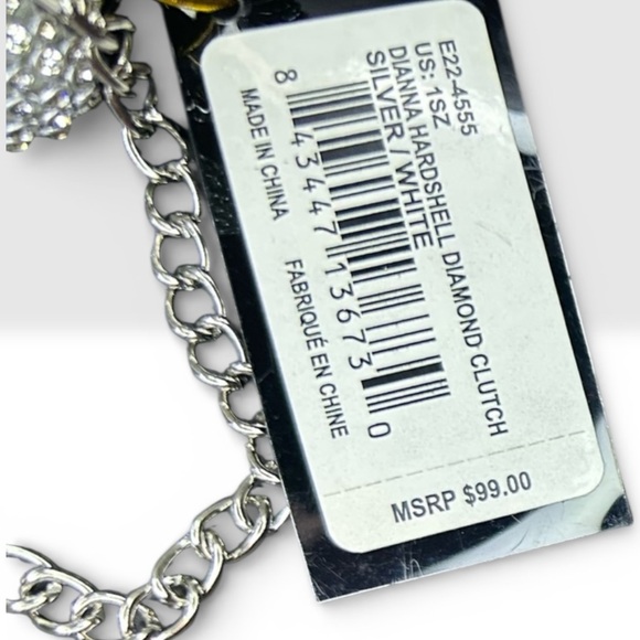 NWT - Bebe Dianna Hard Shell Diamond Clutch Silver/White Evening Bag with Chain - Picture 8 of 10